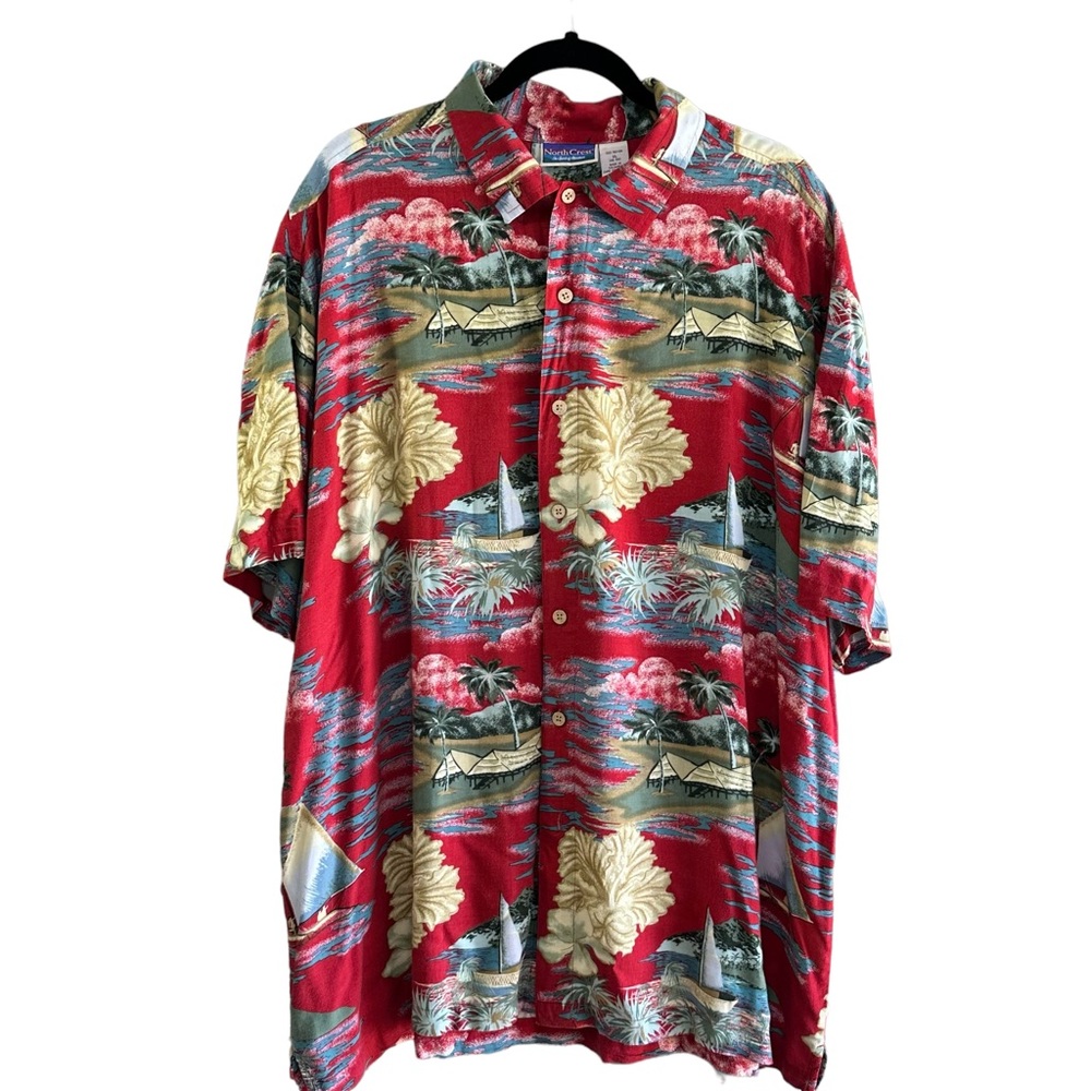 North Crest Men's Short Sleeve Button Front Red Tropical Print 100% Rayon Sz XL